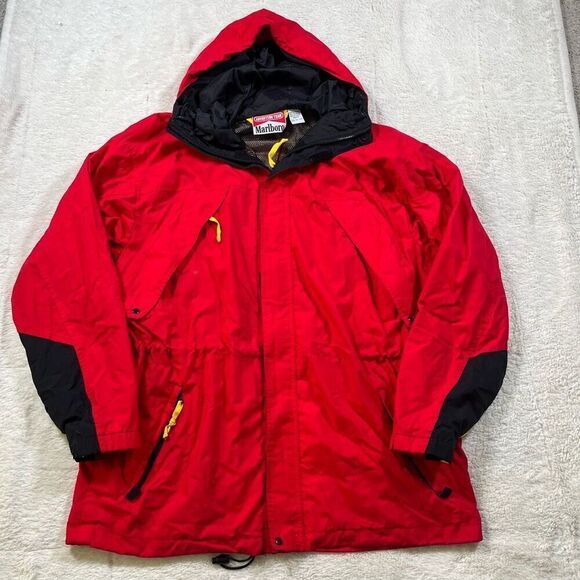 Vintage Marlboro Country Store Down Puffer Jacket Adult XL Red Hooded Parka - Picture 1 of 6
